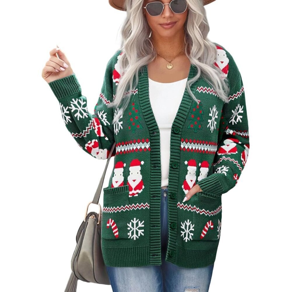 Women’s Christmas Cardigan Sweater Knitted Open Front Pockets Festive Wear